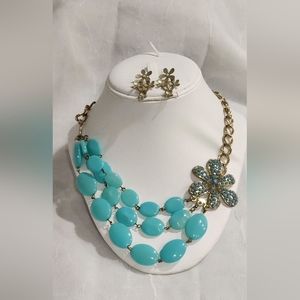 Statement Bib Necklace Gold Tone Flower Multi-Stand Blue Beads & Earrings Set